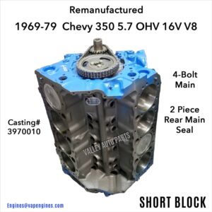 69-79 Chevy 350 5.7L OHV V8 Short Block Engine, main photo